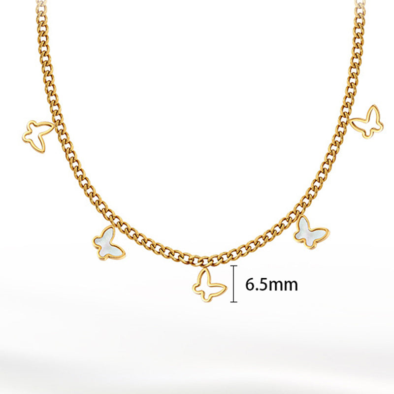 Gold Stainless Steel Butterfly Cuban Choker, Hollow Outline & White Shell Inlaid Butterfly Dangling Charms, Cuban Link Chain