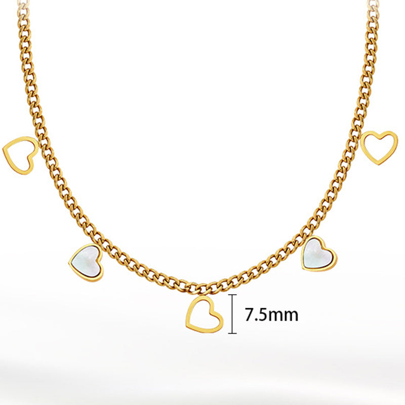 Gold Stainless Steel Heart Cuban Choker, Hollow Outline Heart and White Mother of Pearl Inlay Heart Drop Charms, Cuban Chain