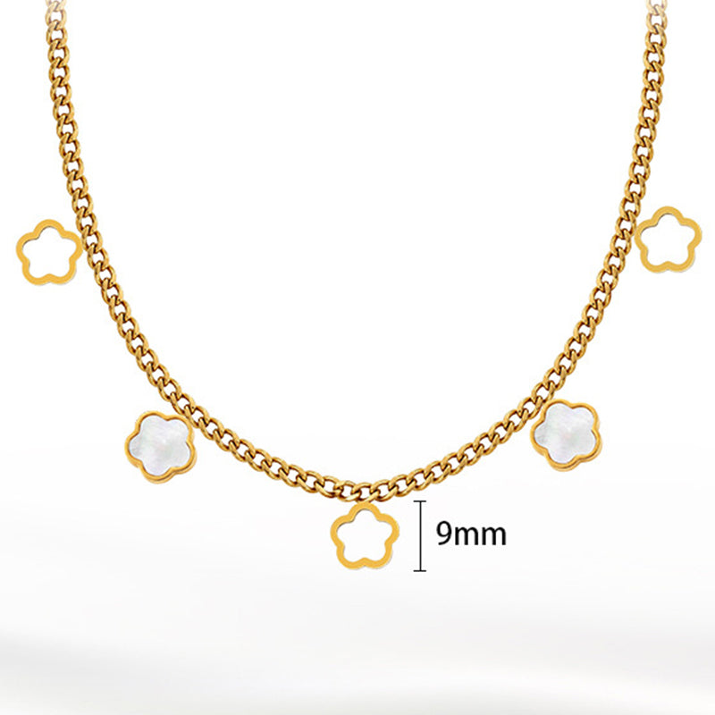 Gold Stainless Steel Clover Cuban Choker, Hollow Clover Outline & White Shell Inlaid Clover Dangling Charms, Cuban Link Chain