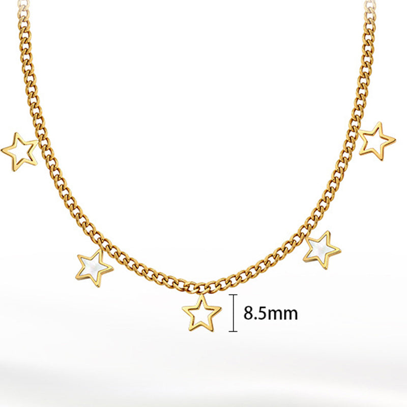 Gold Stainless Steel Cuban Star Choker, Hollow Outline Star & White Mother of Pearl Inlaid Star Dangling Charms