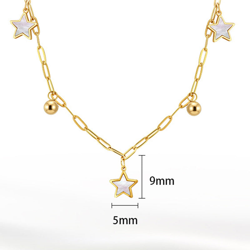Gold Stainless Steel Paperclip Star Necklace, White Shell Inlay Star Pendants with Round Gold Ball Charms