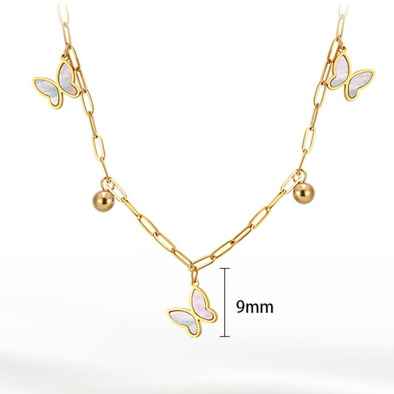 Gold Stainless Steel Butterfly Paperclip Chain Necklace, White Mother of Pearl Butterfly Pendants with Round Metal Ball Charms