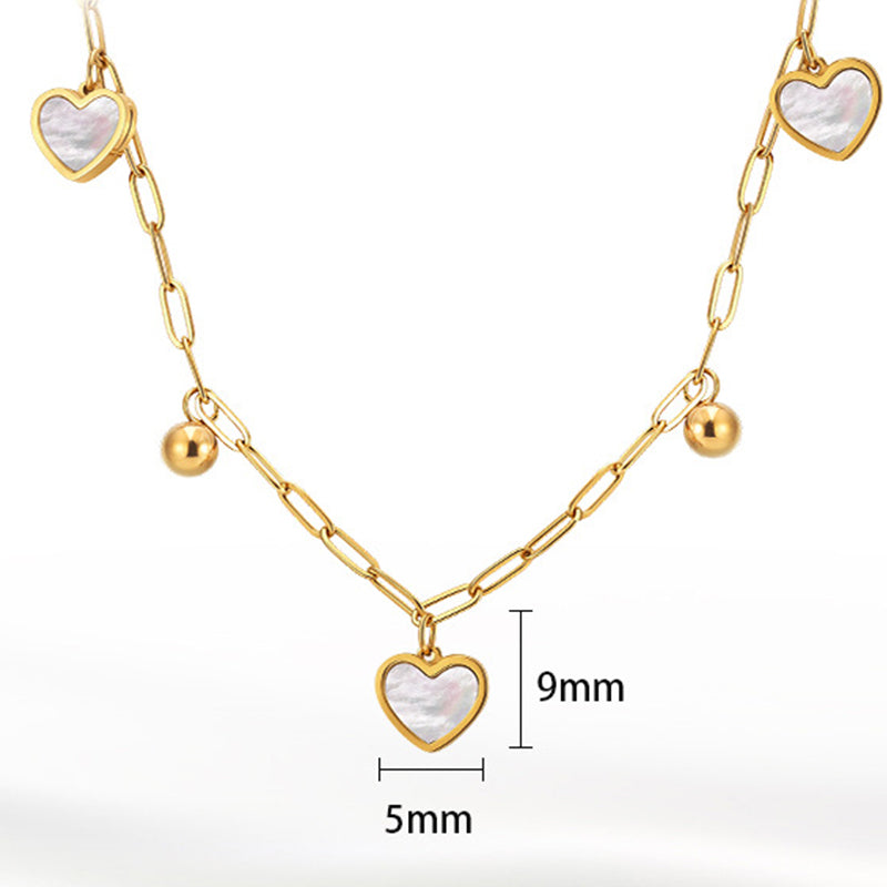 Gold Stainless Steel Paperclip Heart Necklace, White Mother of Pearl Inlaid Heart Charms and Gold Round Bead Drops