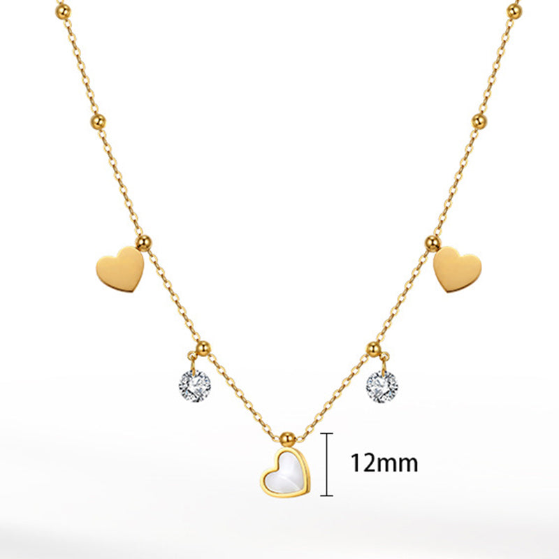 Gold Stainless Steel Heart Station Necklace, Solid Heart Charms, Bezel Set Clear CZ & Tiny Gold Ball Accents on Thin Rolo Chain