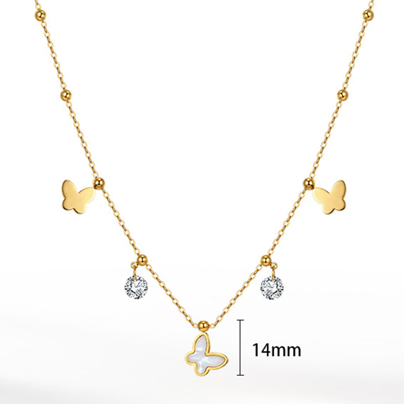 Gold Stainless Steel Butterfly Station Necklace, Solid Butterfly Charms, White Shell Inlay Butterfly Pendant with Clear CZ Drops