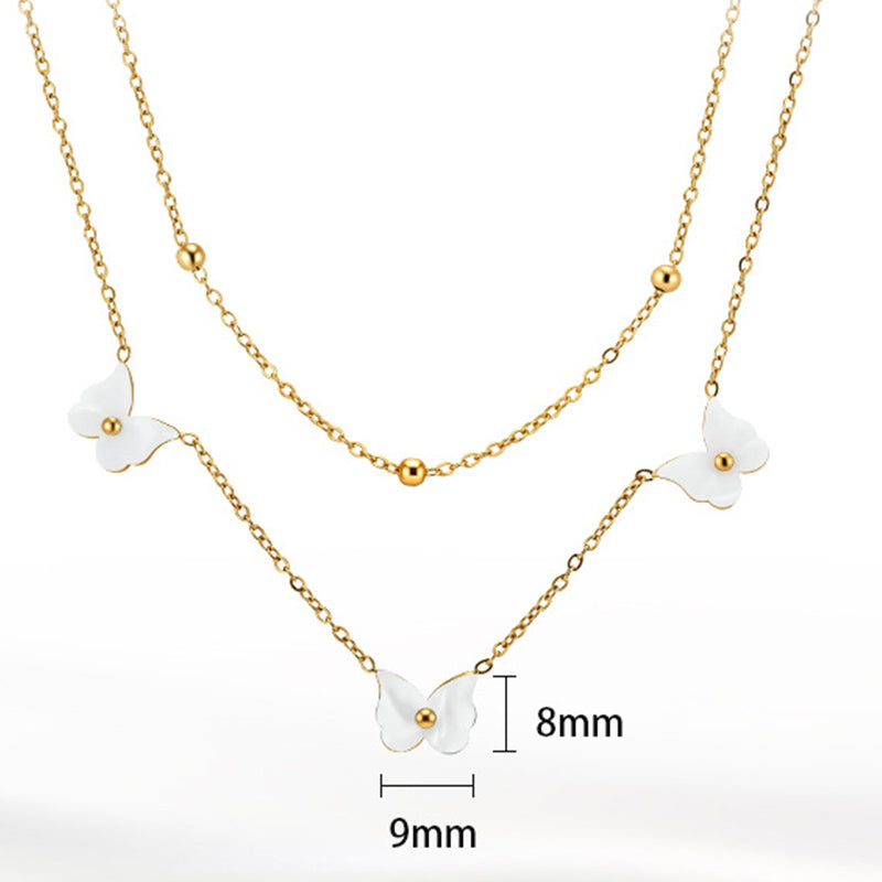 Gold Stainless Steel Double Layer Butterfly Necklace, Two-Tier Stacked Rolo Chain with White Enamel Butterfly Charms & Gold Bead Details