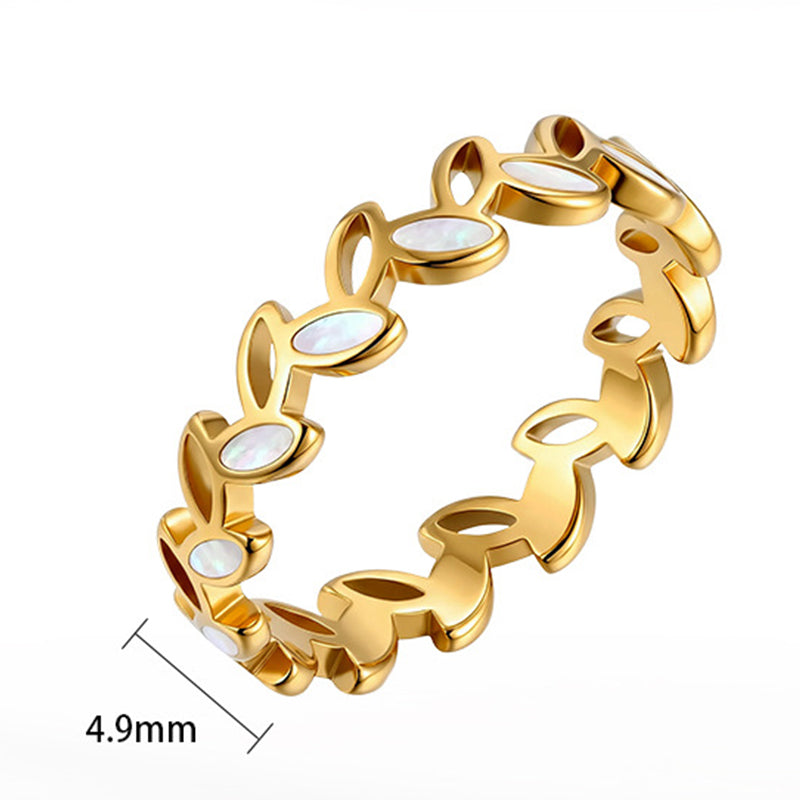 Gold Plated Stainless Steel Link Ring, Interlocking Cutout Links with Inlaid Mother of Pearl
