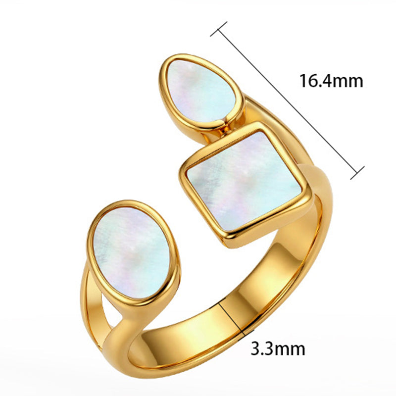 Gold Plated Stainless Steel Open Cuff Ring, Square & Oval Mother of Pearl Inlay