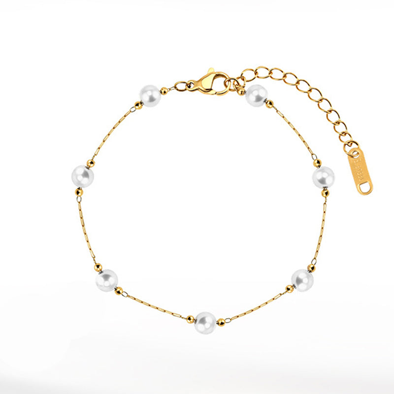 Gold Plated Stainless Steel Dainty Pearl Station Bracelet, Round White Imitation Pearls & Tiny Gold Spacer Beads, Adjustable
