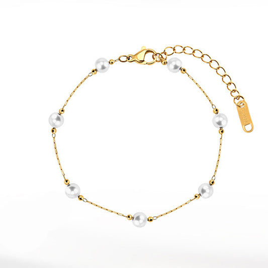Gold Plated Stainless Steel Dainty Pearl Station Bracelet, Round White Imitation Pearls & Tiny Gold Spacer Beads, Adjustable