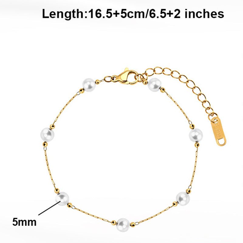 Gold Plated Stainless Steel Dainty Pearl Station Bracelet, Round White Imitation Pearls & Tiny Gold Spacer Beads, Adjustable