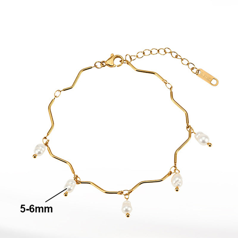 Silver Stainless Steel Wavy Tube Chain Bracelet, Dangling Baroque Imitation Pearl Charms, Adjustable Extension