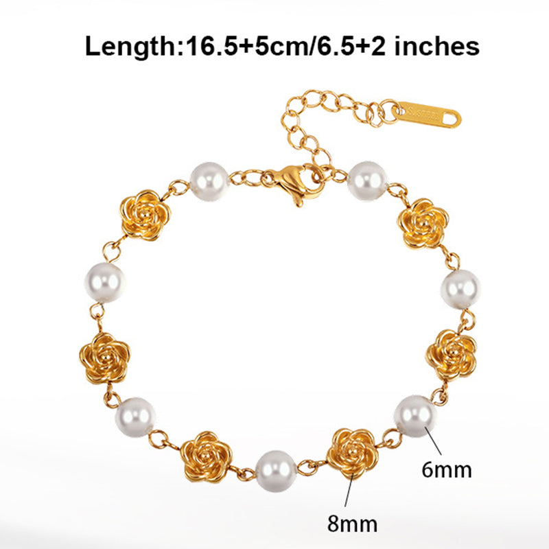 Silver Stainless Steel Rose & Imitation Pearl Bracelet, 3D Metal Rose Charms Alternating with Round Pearls, Adjustable