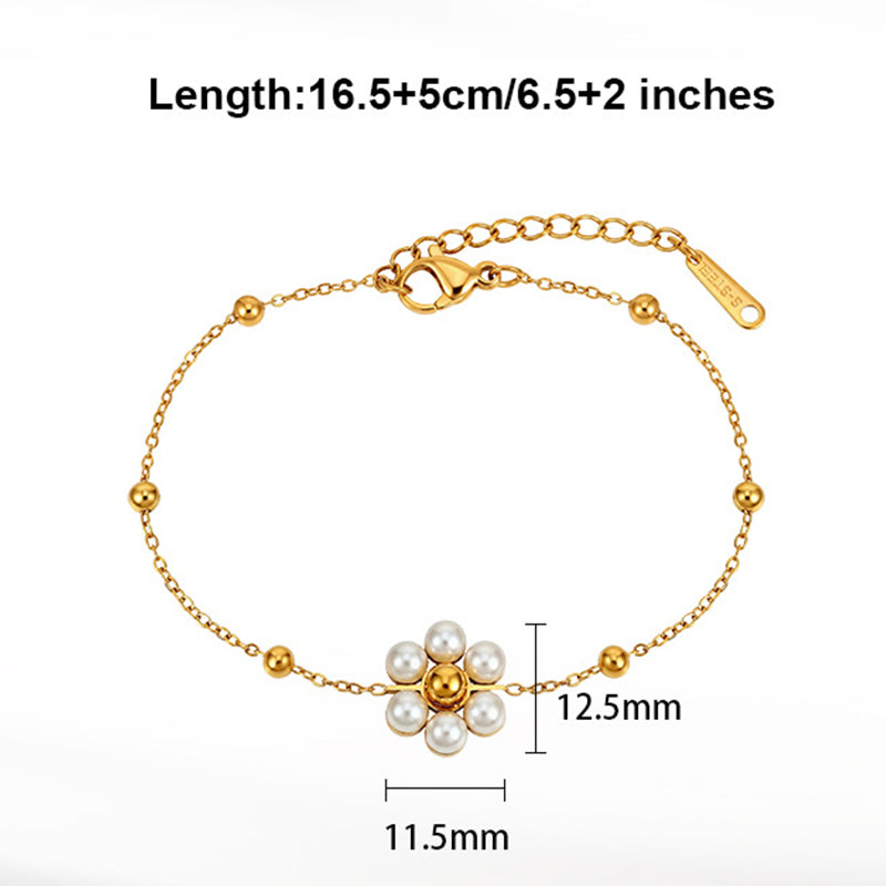 Gold Plated Stainless Steel Thin Cable Chain Bracelet, Pearl Daisy Flower Charm & Polished Metal Spacer Beads, Adjustable