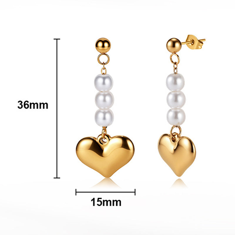 Silver Stainless Steel Dangle Earrings, Pearl Beads Chain with Chunky Polished Heart Charm