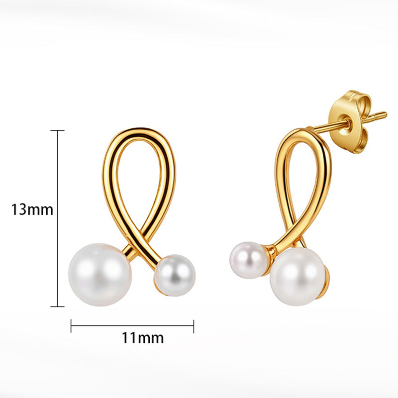 Silver Stainless Steel Twisted Ribbon Stud Earrings with Two Round Pearls