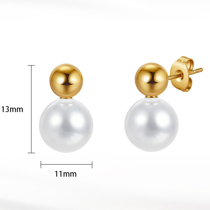 Gold Plated Stainless Steel Two-Ball Stud Earrings, Small Metal Ball and Large Imitation Pearl