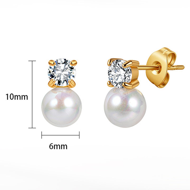 Silver Stainless Steel Solitaire CZ and Imitation Pearl Drop Stud Earrings