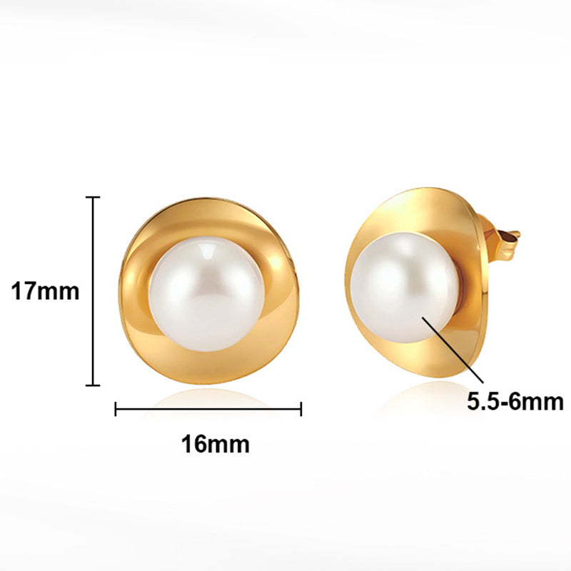 Gold Plated Stainless Steel Curved Disk Stud Earrings Centered with Large Imitation Pearl