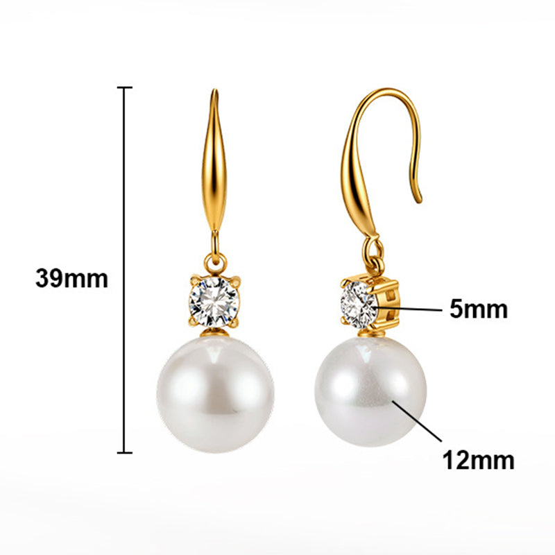 Gold Plated Stainless Steel Teardrop Hook Earrings with Round CZ and Big Imitation Pearl