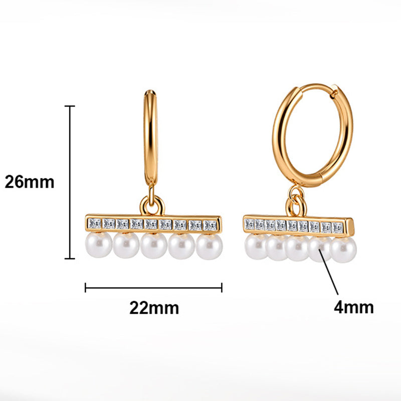 Gold Plated Stainless Steel Horizontal Bar CZ & Pearl Drop Huggie Hoop Earrings
