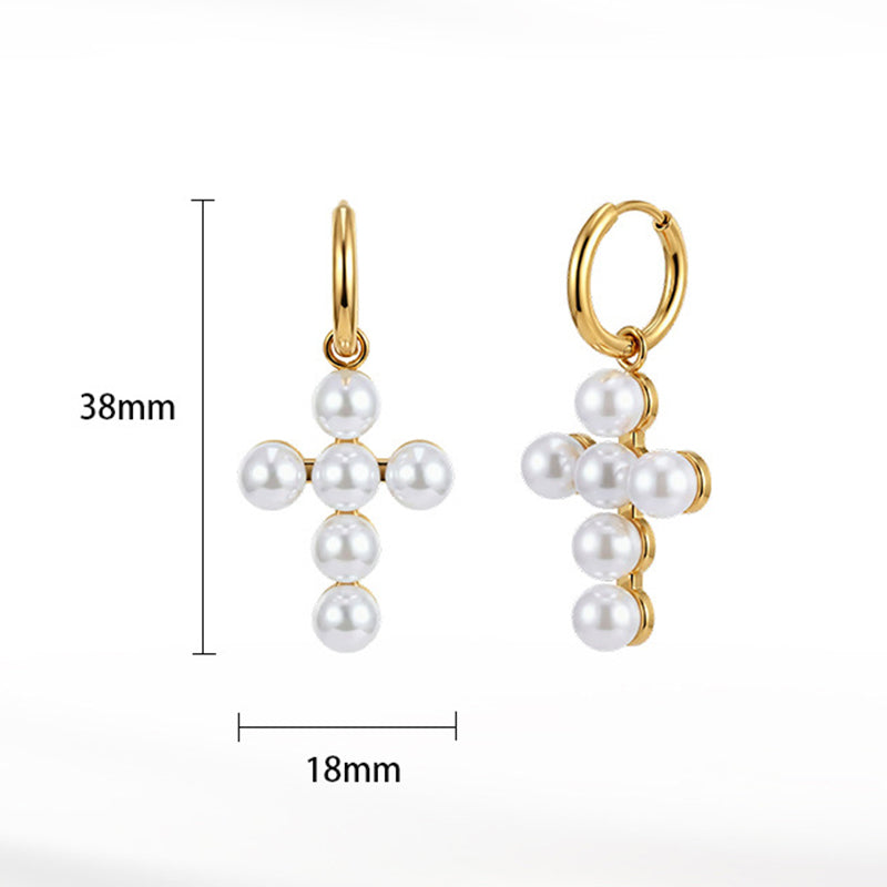 Gold Plated Stainless Steel Faux Pearl Cross Charm Huggie Hoop Earrings