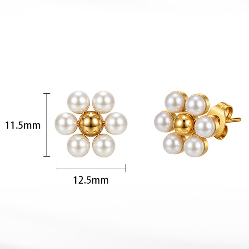 Gold Plated Stainless Steel Flower Shape Cluster Pearl Stud Earrings
