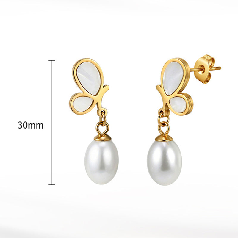 Gold Plated Stainless Steel Mother of Pearl Butterfly Faux Pearl Drop Stud Earrings
