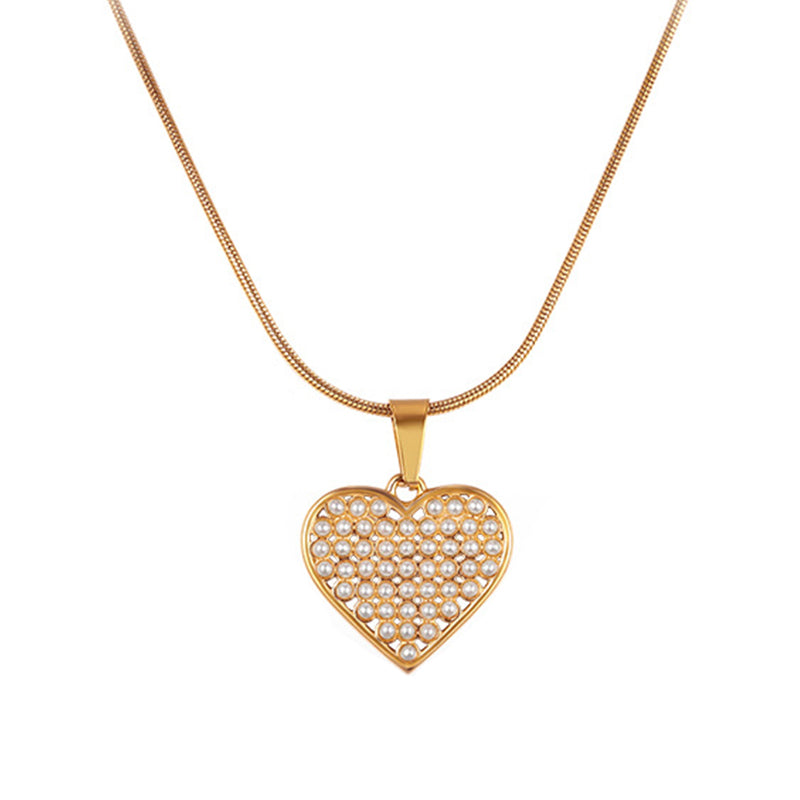 Gold Stainless Steel Snake Chain Necklace, Hollow Heart Pendant Inlaid with Mini White Pearl Beads