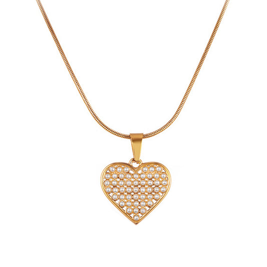 Gold Stainless Steel Snake Chain Necklace, Hollow Heart Pendant Inlaid with Mini White Pearl Beads