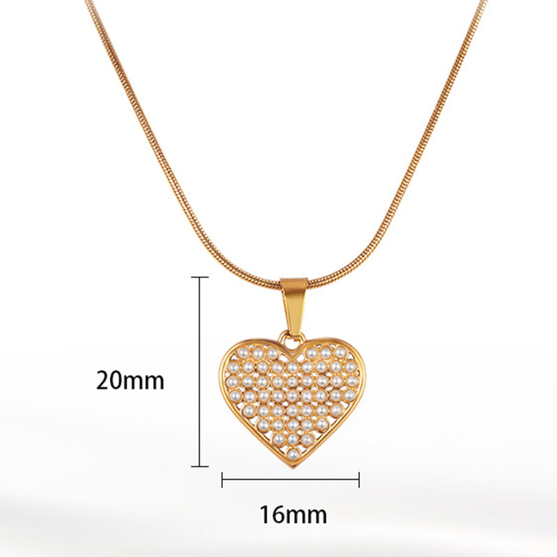 Gold Stainless Steel Snake Chain Necklace, Hollow Heart Pendant Inlaid with Mini White Pearl Beads