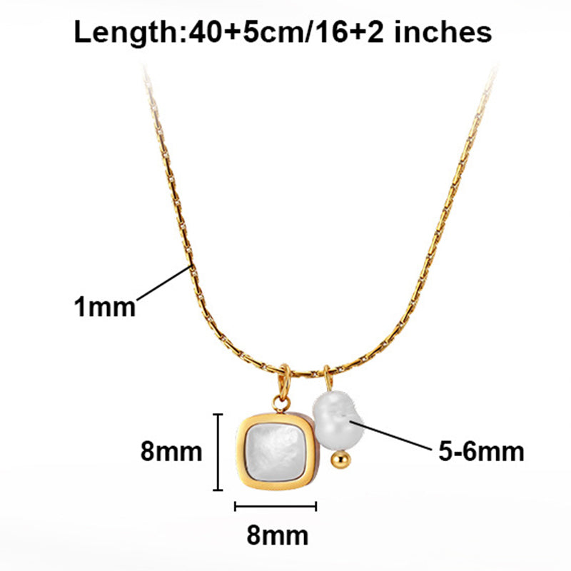 Gold Stainless Steel Dainty Square Pendant Necklace, Square White Mother of Pearl Charm with Baroque Pearl & Tiny Gold Ball Accent