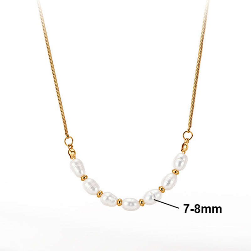 Gold Stainless Steel Baroque Pearl Choker Necklace, Snake Chain With Rice Pearl & Tiny Gold Bead Station Necklace