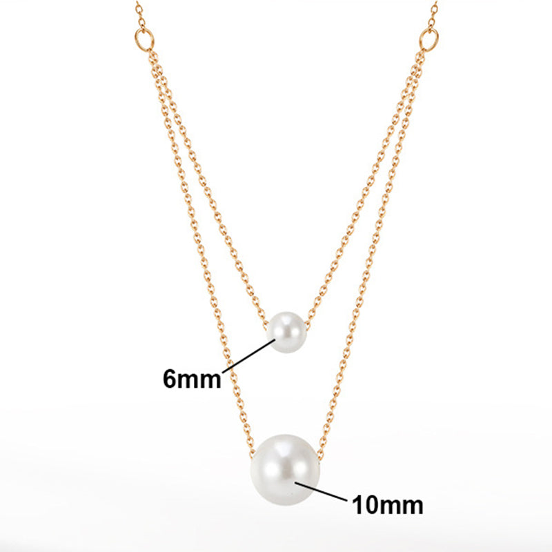 Gold Stainless Steel Double Layer Rolo Chain Necklace, Two Size Graduated Floating White Pearl Drop Pendants