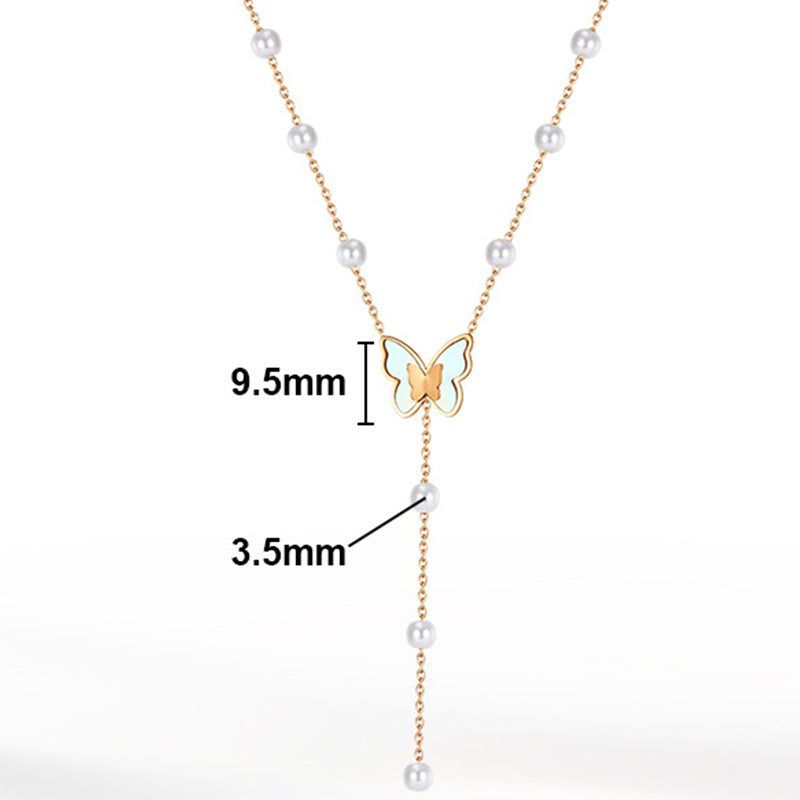 Silver Stainless Steel Y Drop Lariat Necklace, White Shell Inlay Butterfly Charm with Station White Pearl Beads