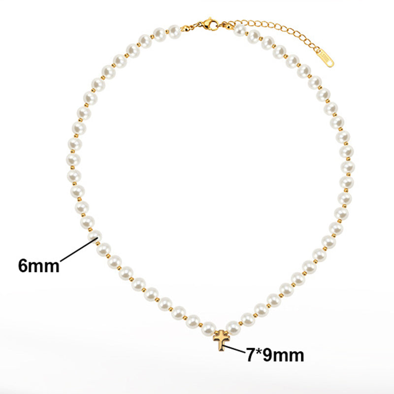 Silver Stainless Steel White Imitation Pearl Choker Necklace with Small Cross Pendant, Adjustable Extension Chain