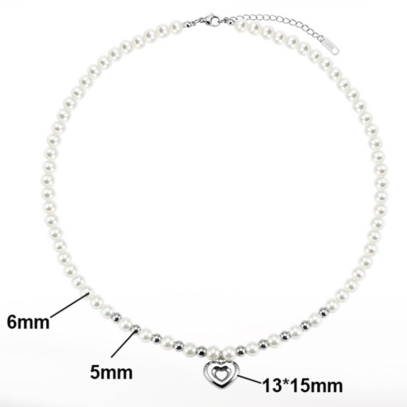 Silver Stainless Steel White Pearl Station Choker Necklace, Hollow Double Heart Pendant with Tiny Metal Bead Accents, Adjustable Chain
