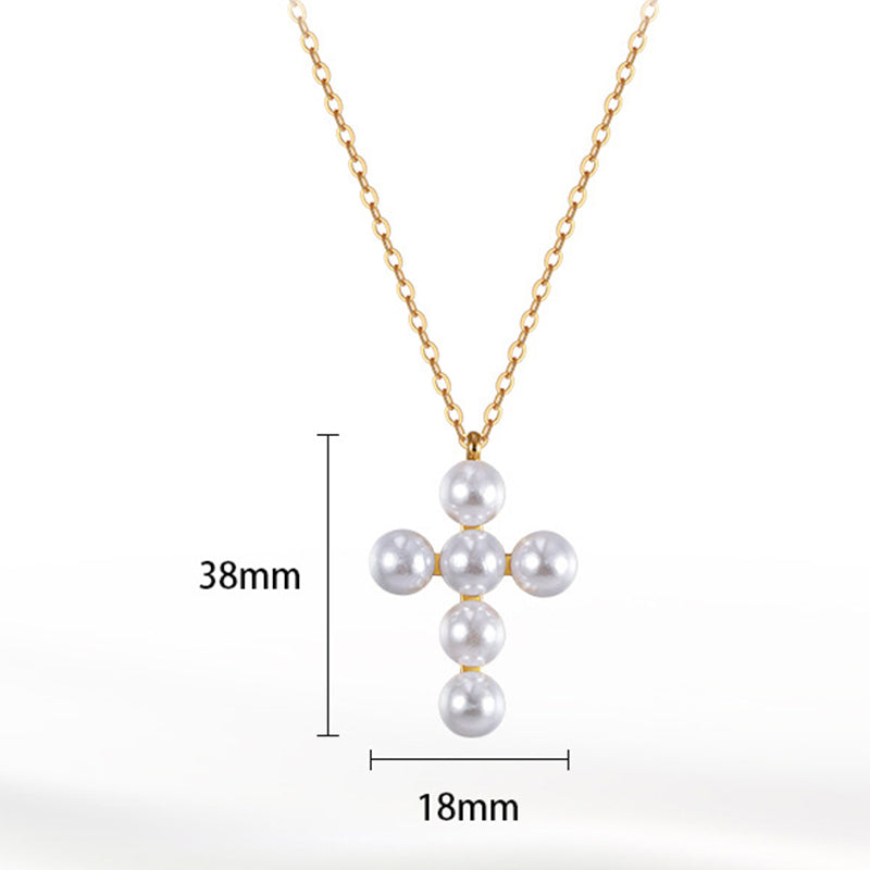 Gold Stainless Steel Pearl Cross Necklace, 6 Round White Imitation Pearl Cross Pendant, Dainty Rolo Link Chain