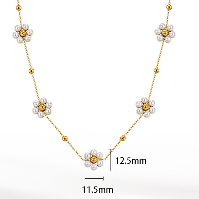 Gold Stainless Steel Pearl Flower Station Necklace, Multi Daisy Pearl Floral Charm with Tiny Gold Ball Beads