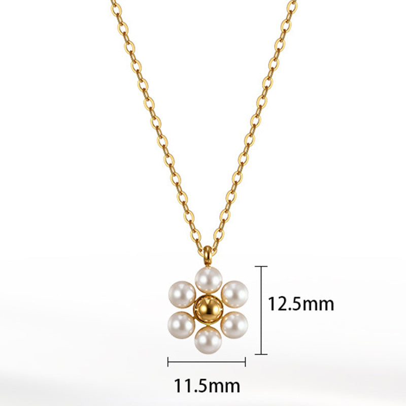 Gold Stainless Steel Pearl Daisy Pendant Necklace, Six White Pearl Flower Charm Cable Chain Necklace