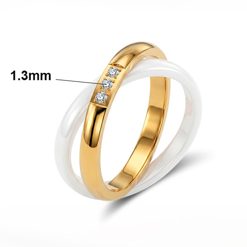 Gold Plated Stainless Steel Intertwined Ring Set, Gold Steel Band with 3 Round CZ & White Ceramic Ring