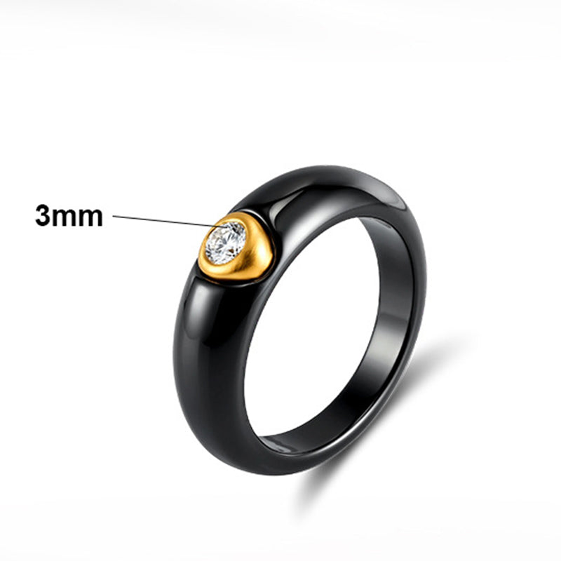White Ceramic Ring with Gold Plated Stainless Steel Bezel Set Round CZ, Glossy Wide Band