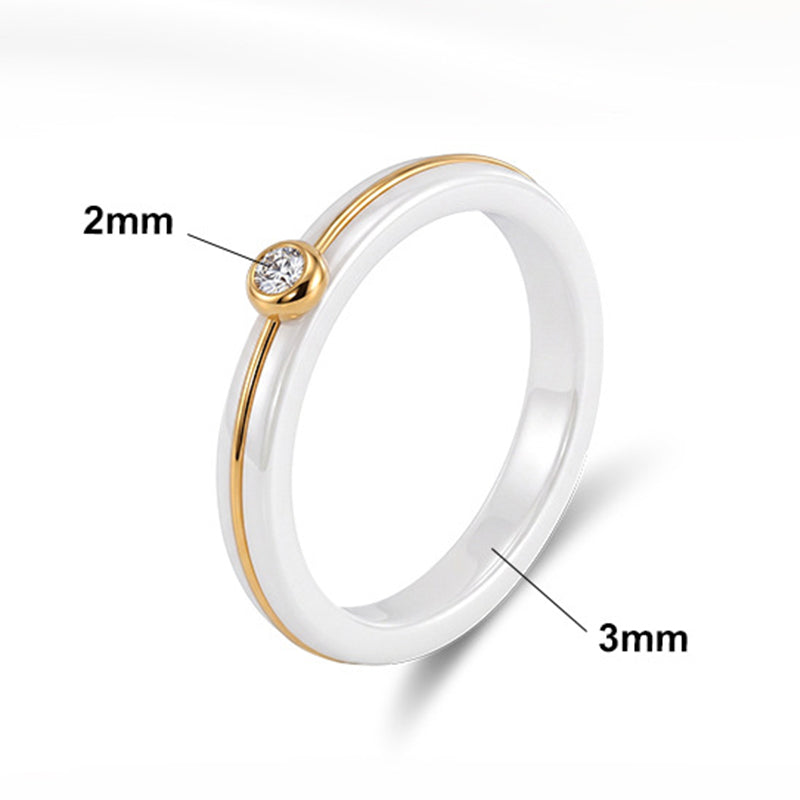 Black Ceramic Ring with Gold Plated Stainless Steel Inlay & Bezel Set Round CZ, Thin Band