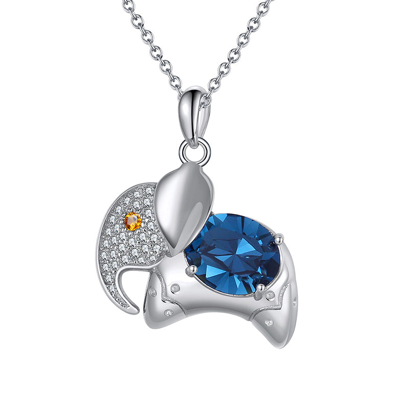 Silver Stainless Steel Elephant Pendant Necklace, Large Blue Round CZ & Micro Pave Clear Zircon Animal Charm