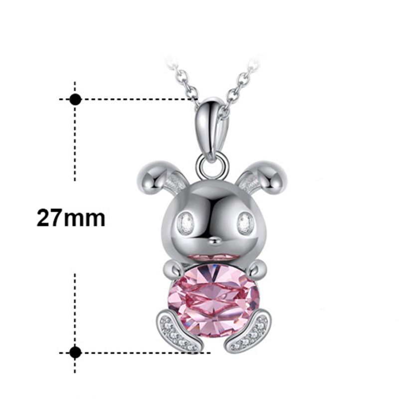 Silver Stainless Steel Cute Rabbit Pendant Necklace, Oval Pink CZ Inlaid Cartoon Bunny Charm Cable Chain
