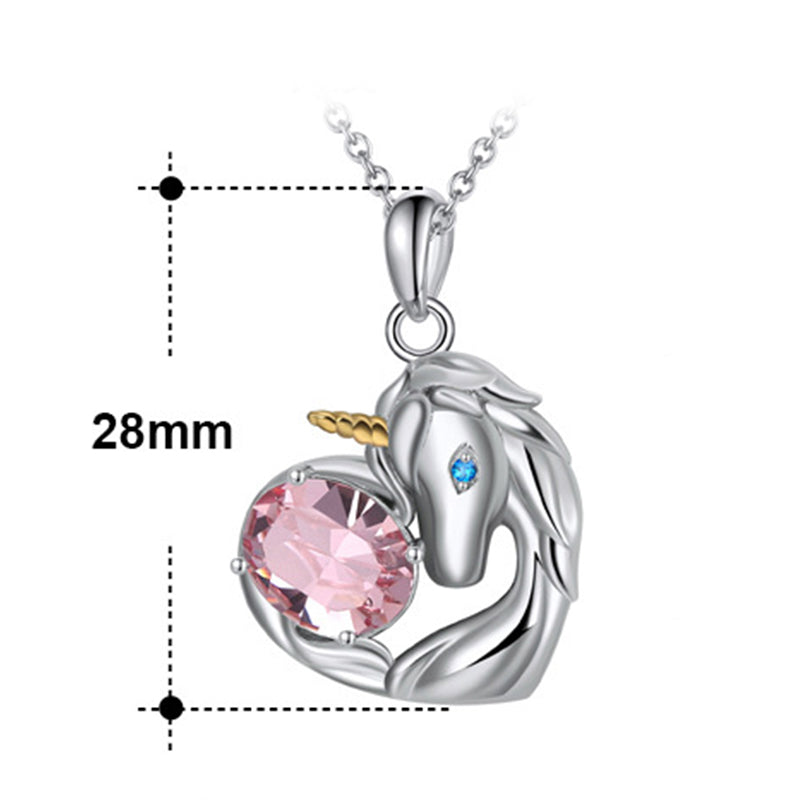 Silver Stainless Steel Unicorn Heart Pendant Necklace, Large Oval Pink CZ & Tiny Blue Accent Stone Unicorn Charm