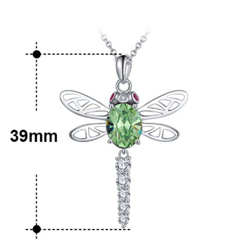 Silver Stainless Steel Dragonfly Pendant Necklace, Oval Green CZ Hollow Wing Dragonfly with Paved CZ Tail