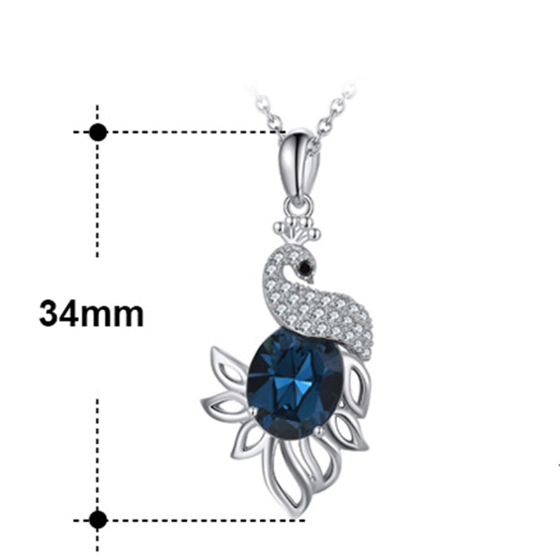Silver Stainless Steel Peacock Pendant Necklace, Oval Deep Blue CZ with Paved Clear CZ Peacock Charm Necklace
